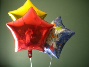Ballons a group of readers surprised me with yesterday. The blu one says "Make a Wish"